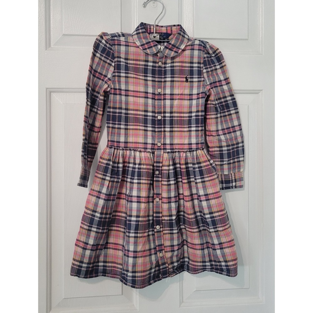 Polo Ralph Lauren Girls Plaid Shirt Dress Size 6 Pink Blue Cotton Long Sleeve